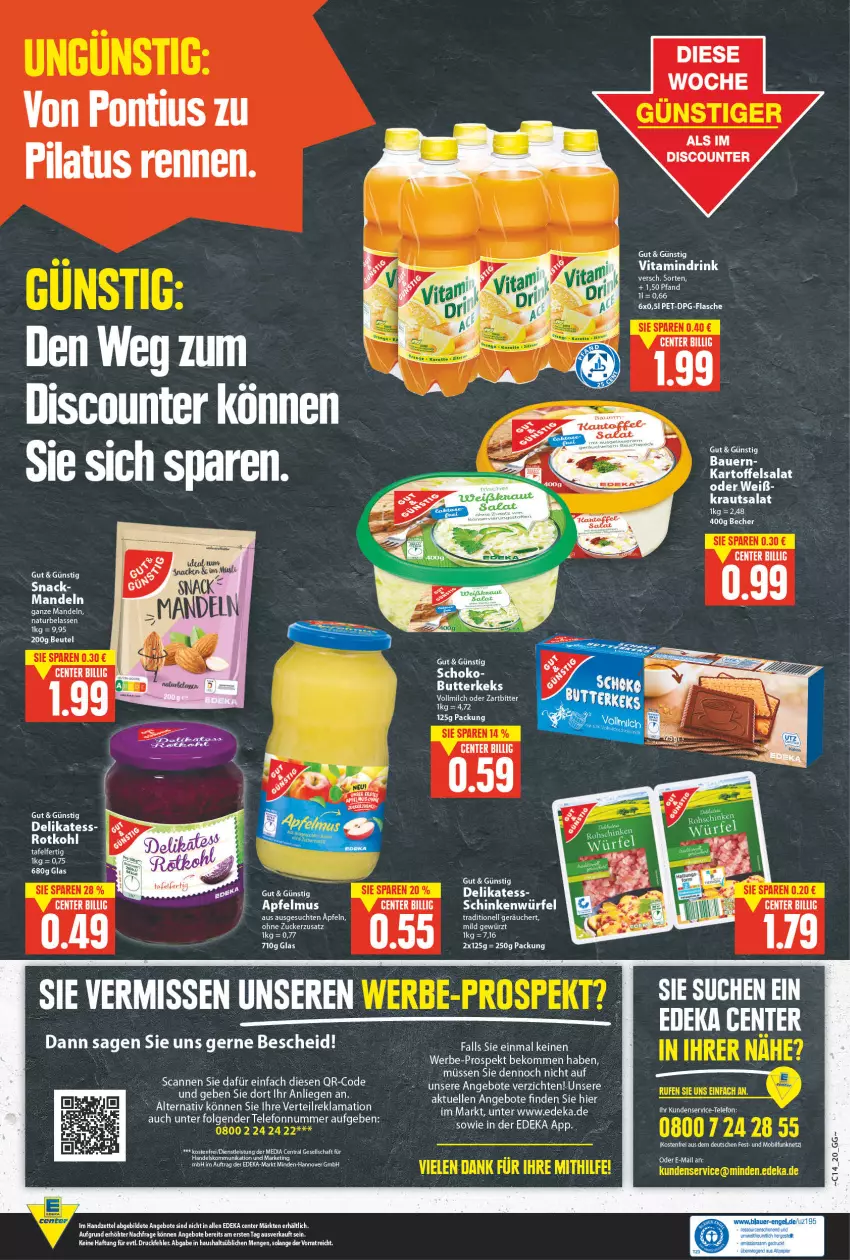 Aktueller Prospekt E Center - Angebote der Woche - von 04.04 bis 09.04.2022 - strona 20 - produkty: angebot, angebote, apfel, apfelmus, auer, Bau, Bauer, Becher, beko, beutel, butter, butterkeks, deka, discount, drink, eier, eis, elle, ente, flasche, gewürz, kartoffel, kartoffelsalat, keks, Kraut, krautsalat, LG, mandel, mandeln, milch, natur, rotkohl, salat, schinken, schoko, snack, tee, telefon, Ti, vita, vollmilch, würfel, zucker