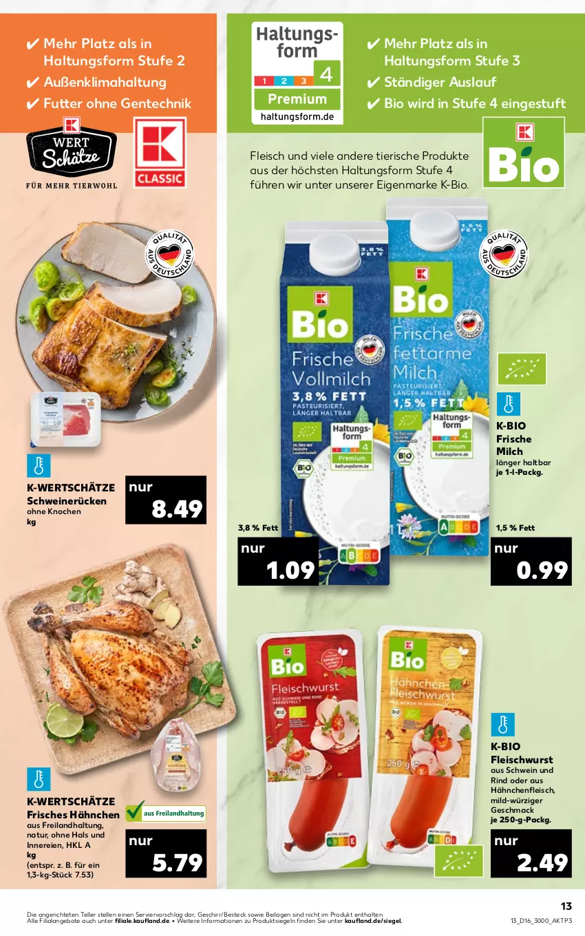 Aktueller Prospekt Kaufland - von 21.04 bis 27.04.2022 - strona 13 - produkty: angebot, angebote, besteck, bio, eis, elle, ente, fleisch, fleischwurst, frische milch, geschirr, Hähnchenfleisch, ilag, mac, milch, natur, rind, schwein, schwein und rind, schweine, schweinerücken, teller, Ti, wein, weine, wurst