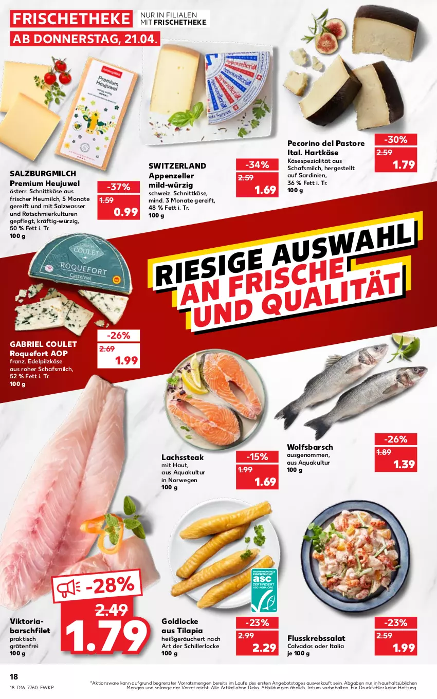 Aktueller Prospekt Kaufland - von 21.04 bis 27.04.2022 - strona 18 - produkty: angebot, appenzeller, aqua, brie, elle, filet, Flusskrebssalat, hartkäse, Heu, Heujuwel, heumilch, Käse, Krebs, lachs, milch, Pecorino, Ria, rwe, salat, salz, SalzburgMilch, schnittkäse, Spezi, steak, Ti, Tilapia, tisch, wasser, wolfsbarsch, ZTE