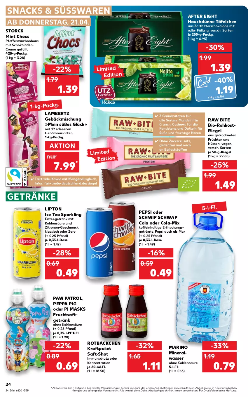 Aktueller Prospekt Kaufland - von 21.04 bis 27.04.2022 - strona 24 - produkty: after eight, Amber, angebot, ball, bio, bonbons, Cashew, cola, creme, Datteln, eis, eistee, frucht, früchte, früchten, fruchtsaft, getränk, getränke, ice tea, kakao, kraft, lambertz, lipton, lipton ice tea, mac, mandel, mandeln, mint, Paw Patrol, Peppa Pig, pepsi, pfeffer, Ria, riegel, saft, schoko, schokolade, schokoladen, Schwip Schwap, sim, snack, snacks, storck, süsswaren, tee, Ti, wasser, Zartbitterschokolade, zitrone, zitronen, ZTE, zucker