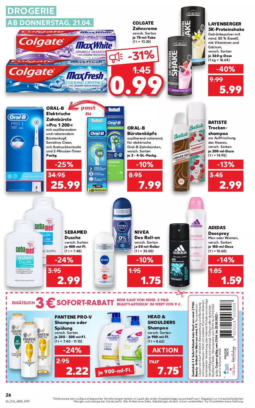 Aktueller Prospekt Kaufland - von 21.04 bis 27.04.2022 - strona 26 - produkty: Adidas, aktionspreis, angebot, Berger, Brei, bürste, bürsten, Calcium, colgate, coupon, creme, deo, deo roll-on, deospray, dusche, eis, elektrische zahnbürste, getränk, getränke, getränkepulver, LG, nivea, oral-b, pantene, pantene pro-v, pro-v, reis, roll-on, Roller, sebamed, shake, shampoo, shampoo oder spülung, sofort-rabatt, spülung, Ti, Tiere, timer, Trockenshampoo, vita, Vitamine, zahnbürste, zahnbürsten, zahncreme, ZTE