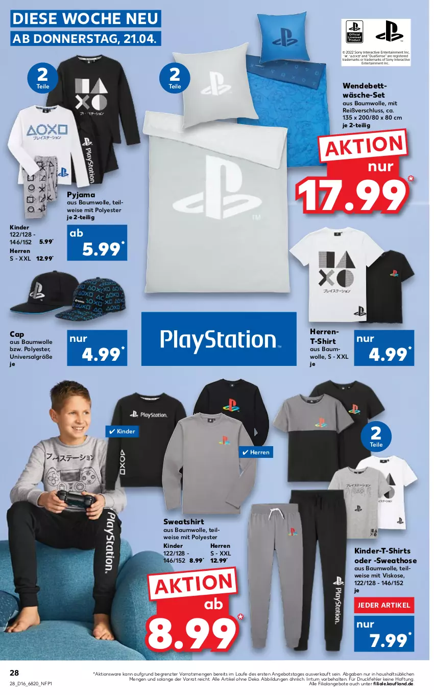 Aktueller Prospekt Kaufland - von 21.04 bis 27.04.2022 - strona 28 - produkty: angebot, angebote, Bau, baumwolle, bett, bettwäsche, Cap, eis, hose, Kinder, Kinder-T-Shirt, LG, Pyjama, shirt, shirts, Sweathose, Sweatshirt, T-Shirt, Ti, wendebettwäsche, wolle, ZTE