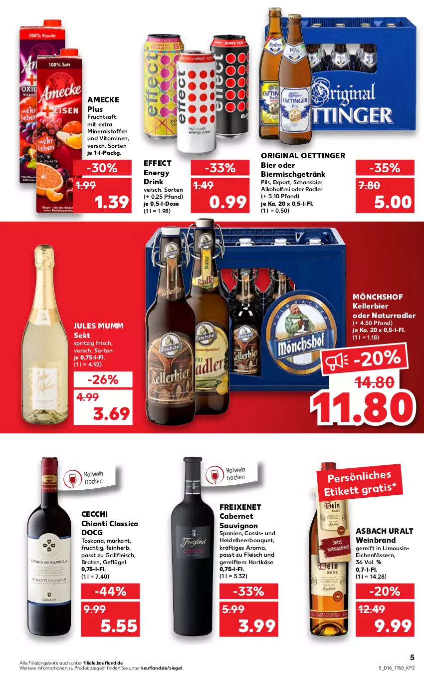 Aktueller Prospekt Kaufland - von 21.04 bis 27.04.2022 - strona 5 - produkty: alkohol, amecke, angebot, angebote, asbach uralt, bier, braten, cabernet, cabernet sauvignon, cassis, chia, chianti, classico, drink, Effect, eis, elle, energy drink, fleisch, freixenet, frucht, fruchtsaft, Geflügel, getränk, gin, grill, hartkäse, jules mumm, Käse, kellerbier, limo, mönchshof, mumm, natur, oder radler, oettinger, pils, radler, rotwein, saft, sauvignon, Schankbier, sekt, Ti, vita, Vitamine, wein, weinbrand