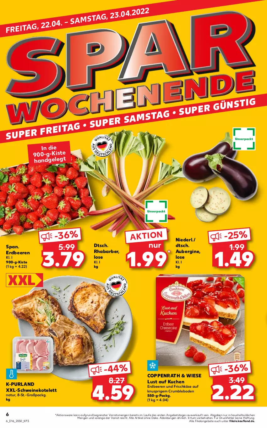 Aktueller Prospekt Kaufland - von 21.04 bis 27.04.2022 - strona 6 - produkty: angebot, angebote, aubergine, beere, beeren, coppenrath, erdbeere, erdbeeren, frischkäse, gin, Käse, kotelett, kuchen, Lust auf Kuchen, natur, purland, rhabarber, rum, schwein, schweine, schweinekotelett, Ti, wein, weine, ZTE