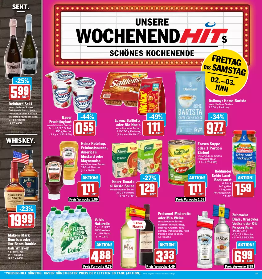 Aktueller Prospekt Hit - Prospekte - von 30.05 bis 03.06.2023 - strona 15 - produkty: auer, Bau, Bauer, Becher, bockwurst, böklunder, bourbon, dallmayr, eintopf, eis, elle, ente, erasco, feinkost, flasche, freixenet, frucht, fruchtjoghurt, heinz, jim beam, joghur, joghurt, ketchup, knorr, lorenz, mayonnaise, Mode, natur, reis, rel, rum, saltletts, sauce, saucen, sekt, suppe, Ti, tomato al gusto, topf, vodka, volvic, wein, weine, whiskey, wurst, Yo, ZTE