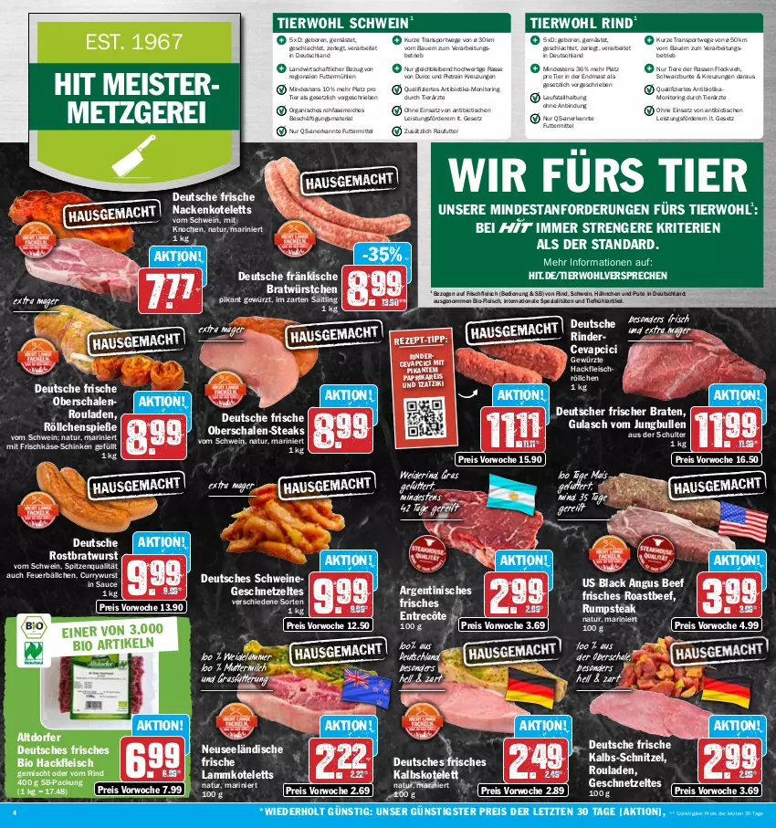 Aktueller Prospekt Hit - Prospekte - von 30.05 bis 03.06.2023 - strona 4 - produkty: auer, Bau, Bauer, beef, bio, braten, bratwurst, cevapcici, curry, currywurst, eis, entrecôte, fleisch, frischkäse, Geflügel, geschnetzeltes, gewürz, gulasch, hackfleisch, im zarten saitling, jungbullen, kalbskotelett, Käse, kotelett, lack, lamm, lammkotelett, mais, Meister, milch, monitor, nackenkoteletts, natur, Oberschalenrouladen, paprika, pute, reis, Ria, rind, rinder, ring, roastbeef, rostbratwurst, rouladen, rum, rumpsteak, sauce, Schal, Schale, schinken, schnitzel, schwein, schweine, Spezi, spitzenqualität, Sport, steak, steaks, Ti, Tiere, tisch, tzatziki, wein, weine, wurst, würstchen, Zelt, ZTE