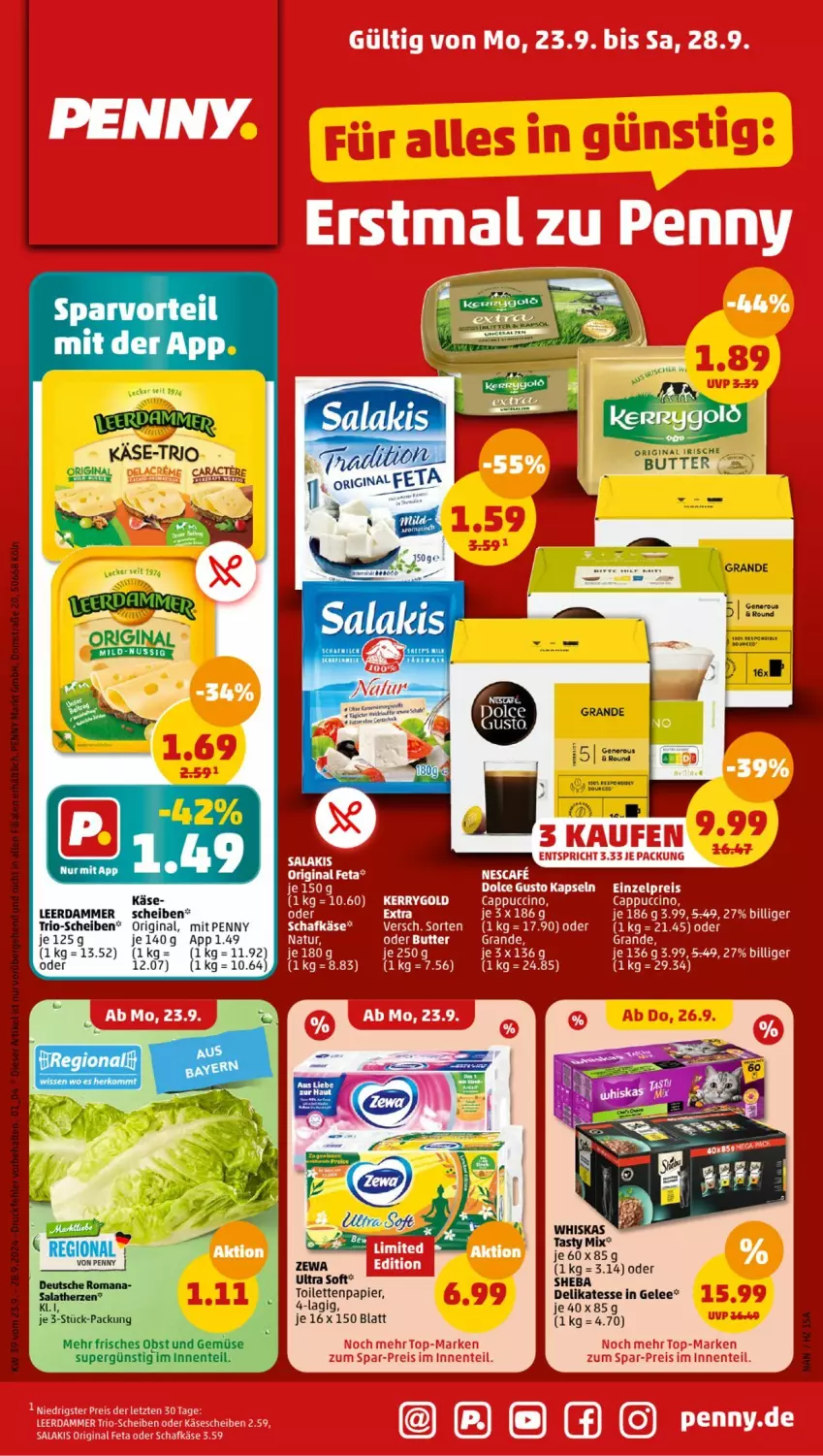 Aktueller Prospekt Penny - Prospekte - von 23.09 bis 28.09.2024 - strona 1 - produkty: butter, Cap, cappuccino, cin, dolce gusto, eis, gelee, gin, irische butter, Käse, kerrygold, leerdammer, nescafe, papier, reis, rel, schafkäse, sheba, toilettenpapier