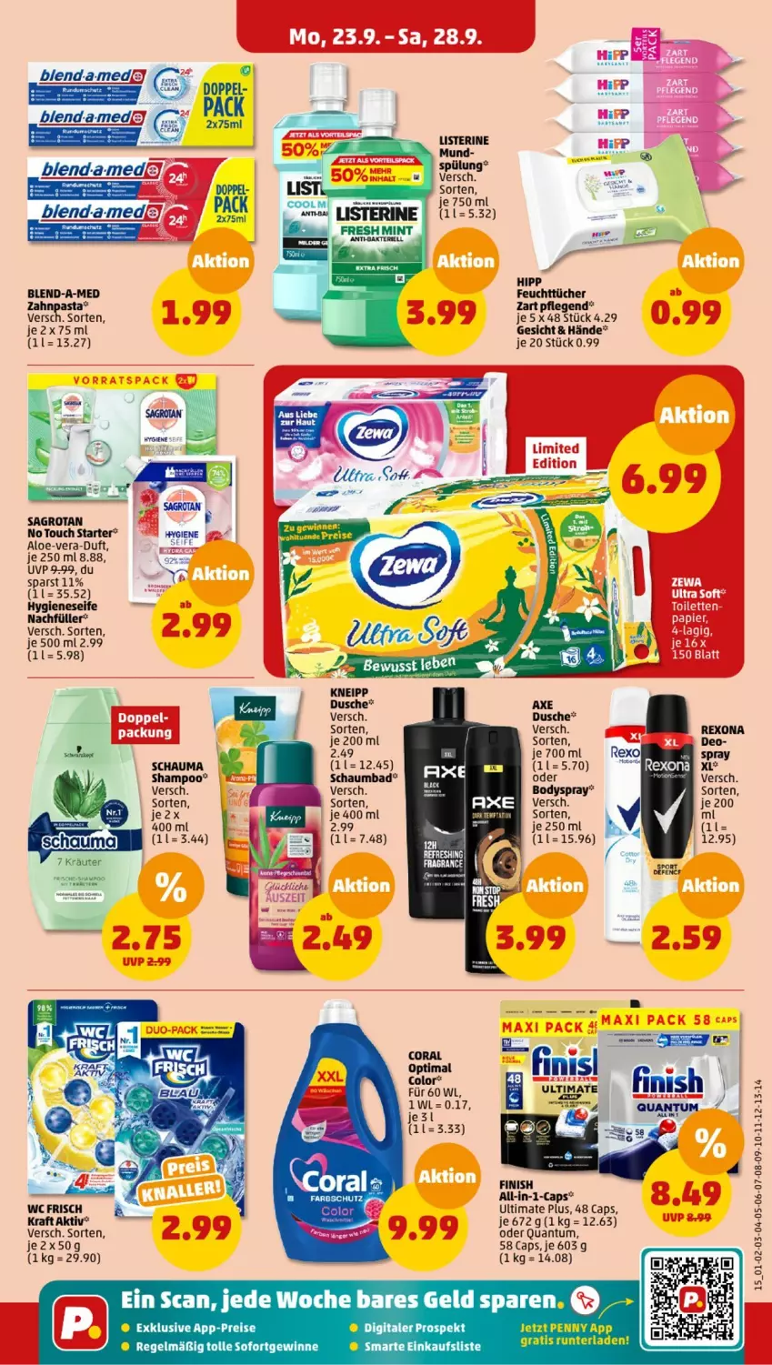 Aktueller Prospekt Penny - Prospekte - von 23.09 bis 28.09.2024 - strona 15 - produkty: axe, Bad, blend-a-med, body, bodyspray, Cap, Cars, Coral, deo, dusche, eis, feuchttücher, Finish, hipp, kneipp, kraft, kräuter, listerine, papier, reis, rexona, sagrotan, schauma, schaumbad, Seife, shampoo, spülung, tee, Ti, tücher, wc frisch, zewa