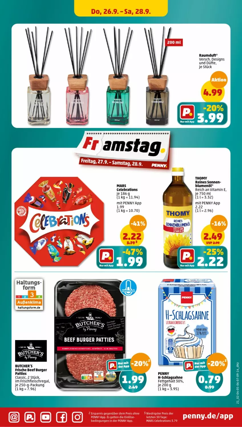 Aktueller Prospekt Penny - Prospekte - von 23.09 bis 28.09.2024 - strona 21 - produkty: beef, blume, blumen, blumenöl, burger, eis, fleisch, mars, Raumduft, regal, sahne, schlagsahne, sonnenblume, sonnenblumen, thomy, Ti, vita