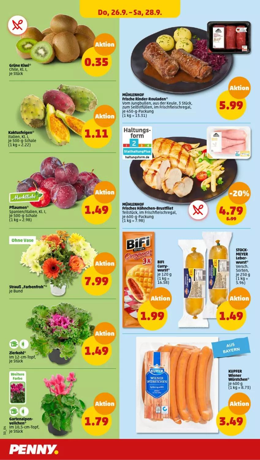 Aktueller Prospekt Penny - Prospekte - von 23.09 bis 28.09.2024 - strona 30 - produkty: bifi, brustfilet, curry, eis, filet, fleisch, hähnchen-brustfilet, jungbullen, pflaume, pflaumen, regal, rind, rinder, rinder-rouladen, rouladen, Schal, Schale, topf, Vase, wurst, würstchen