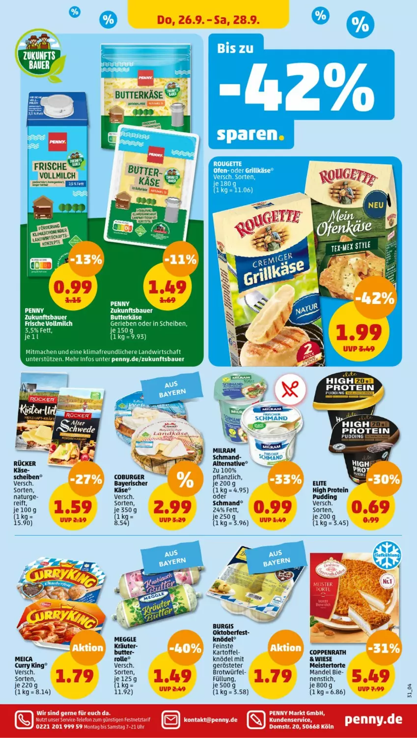 Aktueller Prospekt Penny - Prospekte - von 23.09 bis 28.09.2024 - strona 31 - produkty: auer, Bau, Bauer, brot, burger, butter, butterkäse, coppenrath, curry, eis, grill, Grillkäse, K2, kartoffel, Käse, Knödel, kräuter, mac, mandel, meggle, meica, Meister, milram, natur, Ofen, pudding, rouge, rougette, schmand, Ti, torte, würfel