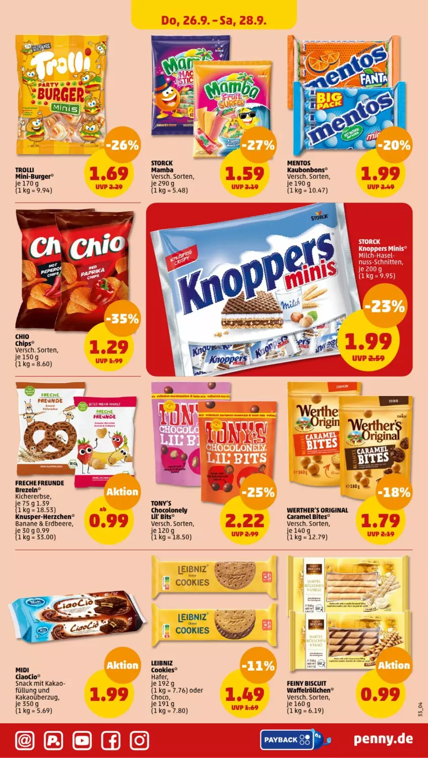 Aktueller Prospekt Penny - Prospekte - von 23.09 bis 28.09.2024 - strona 33 - produkty: banane, beere, bites, bonbons, brezel, Brezeln, burger, caramel, chips, cookie, cookies, erdbeere, freche freunde, gin, hafer, kakao, leibniz, mam, mentos, payback, snack, storck, Waffelröllchen