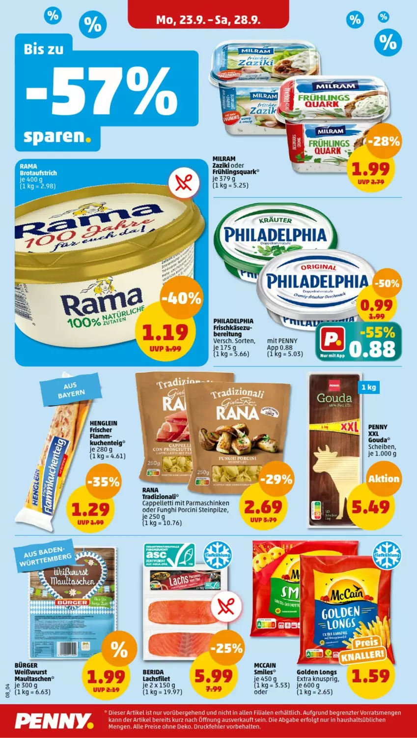 Aktueller Prospekt Penny - Prospekte - von 23.09 bis 28.09.2024 - strona 8 - produkty: aufstrich, brot, brotaufstrich, Cap, cin, eis, elle, ente, filet, frischkäse, Golden Longs, henglein, Käse, kuchen, lachs, lachsfilet, LG, maultaschen, parmaschinken, philadelphia, pilze, quark, reis, schinken, Steinpilze, Tasche, taschen, Ti, Weißwurst, wurst, zaziki, ZTE