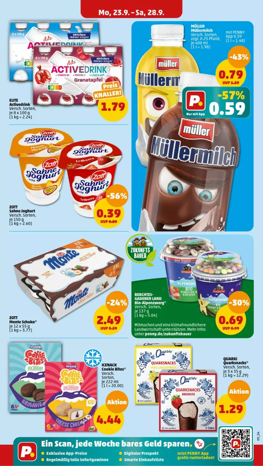 Aktueller Prospekt Penny - Prospekte - von 23.09 bis 28.09.2024 - strona 9 - produkty: auer, Bau, Bauer, bites, drink, eis, grana, joghur, joghurt, mac, monte, Müller, quark, Rana, reis, sahne, sahne joghurt, schoko, Ti, zott