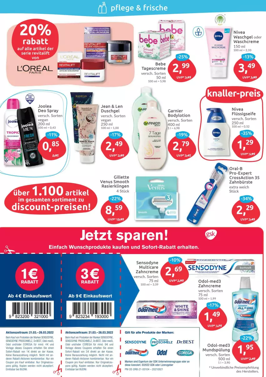 Aktueller Prospekt Budni - Prospekte - von 21.03 bis 26.03.2022 - strona 2 - produkty: body, bodylotion, bürste, coupon, creme, deo, deo spray, eis, elle, erde, gillette, gin, Lotion, mundspülung, nivea, Odol, oral-b, Rasierklinge, rasierklingen, reis, Revital, revitalift, sac, sensodyne, sofort-rabatt, spülung, tagescreme, teller, Ti, venus, vita, waschgel, zahnbürste, zahncreme