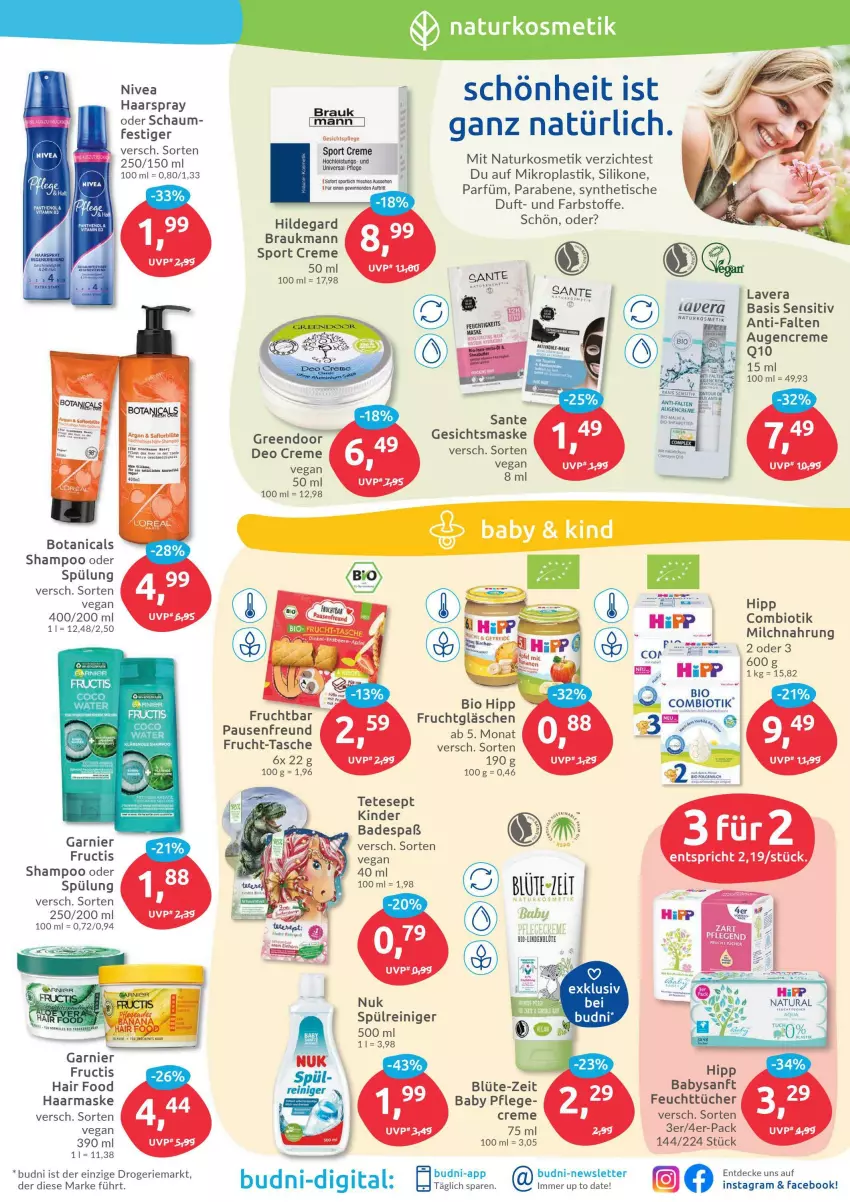 Aktueller Prospekt Budni - Prospekte - von 21.03 bis 26.03.2022 - strona 3 - produkty: asti, Bad, bio, Blüte, creme, decke, deo, feuchttücher, frucht, fructis, garnier, gesichtspflege, haarspray, hipp, Kinder, Kinder Badespaß, kosmetik, lavera, Maske, milch, natur, natura, naturkosmetik, Q10, reiniger, senf, shampoo, shampoo oder spülung, Sport, spülung, Tasche, Ti, tisch, tücher