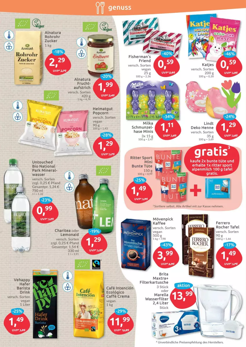 Aktueller Prospekt Budni - Prospekte - von 21.03 bis 26.03.2022 - strona 6 - produkty: aufstrich, bio, brita, brut, drink, eis, elle, ferrero, frucht, hafer, kaffee, katjes, lindt, Maxtra, milka, mövenpick, natur, natura, popcorn, reis, rel, ritter, ritter sport, Sport, teller, Ti, Tiere, Tüte, wasser, wasserfilter, zucker