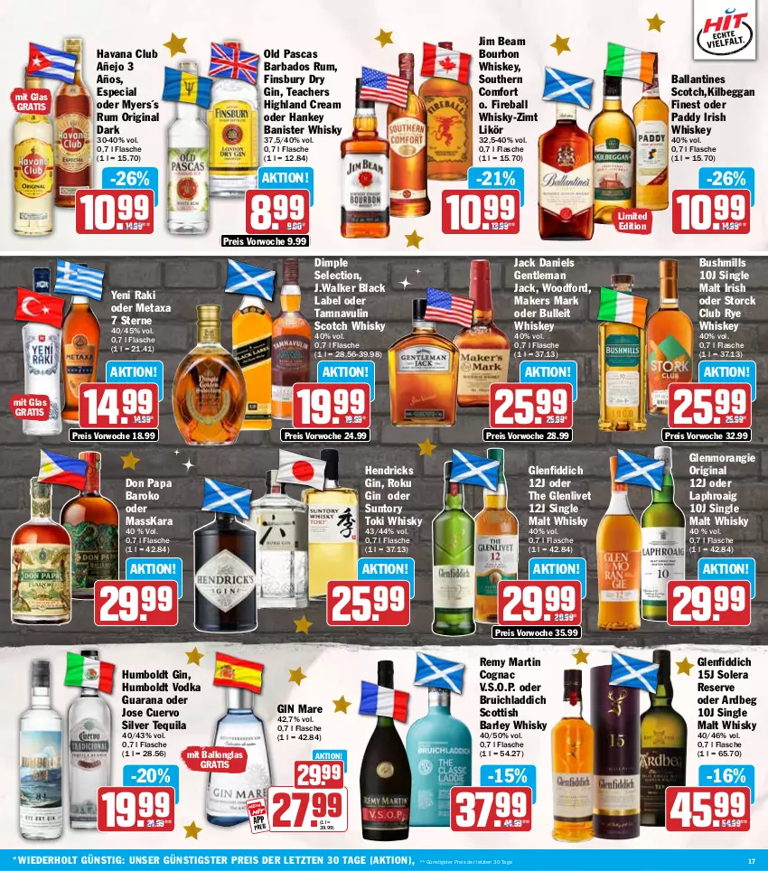 Aktueller Prospekt Hit - Wochenprospekt - von 01.12 bis 06.12.2025 - strona 17 - produkty: Ardbeg, Bad, ball, black label, bourbon, bourbon whiskey, Cognac, dry gin, eis, finsbury, flasche, gin, gin mare, Havana Club, irish whiskey, jack daniel, jack daniels, jim beam, kilbeggan, lack, laphroaig, likör, Metaxa, Rana, reis, Remy Martin, rum, scotch, scotch whisky, single malt, Southern Comfort, storck, tequila, Ti, vodka, whiskey, whisky, yeni raki, ZTE
