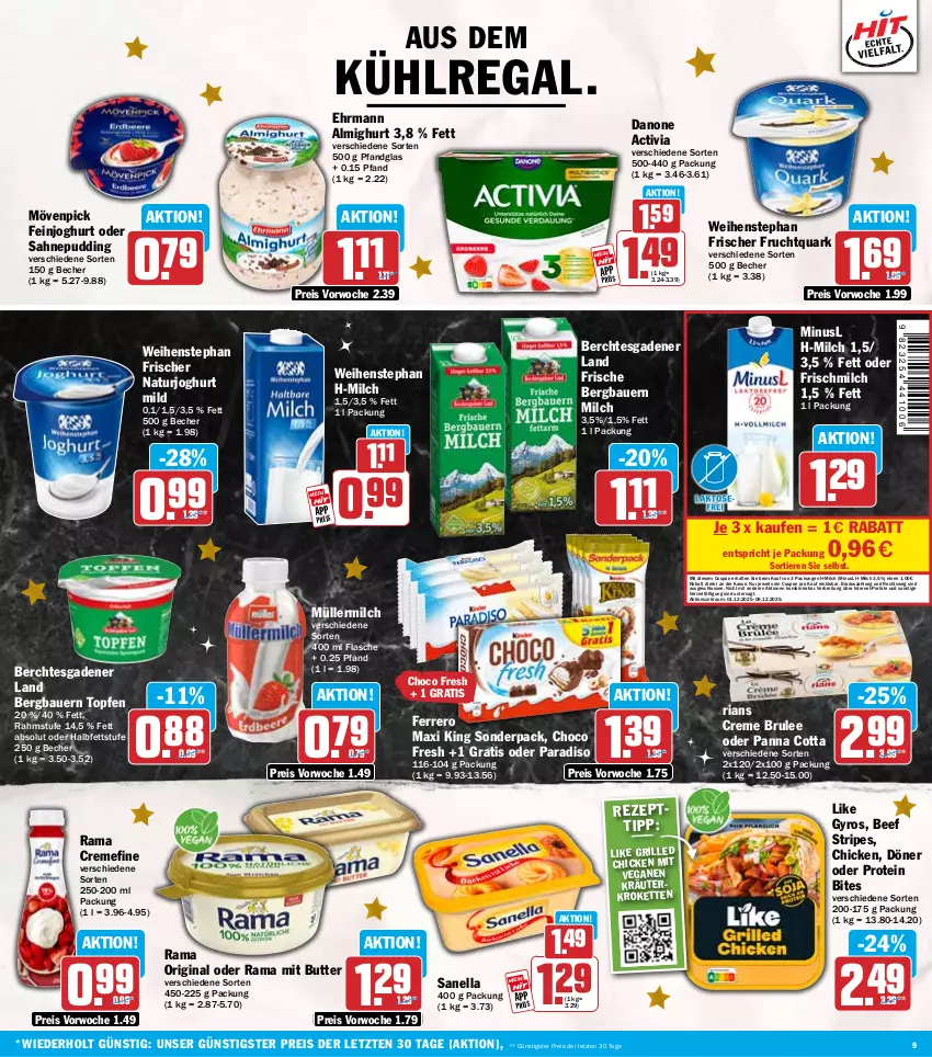 Aktueller Prospekt Hit - Wochenprospekt - von 01.12 bis 06.12.2025 - strona 9 - produkty: activia, almighur, almighurt, auer, aus dem kühlregal, Bau, Bauer, Becher, beef, bites, Brei, butter, choco fresh, coupon, creme, danone, danone activia, ehrmann, ehrmann almighurt, eis, feinjoghurt, ferrero, flasche, frucht, Fruchtquark, gin, grill, gyros, joghur, joghurt, joghurt mild, Kette, kräuter, Kroketten, kühlregal, milch, mövenpick, Müller, müllermilch, natur, naturjoghurt, panna cotta, pudding, quark, rama, rama cremefine, regal, reis, Ria, sahne, Ti, Tiere, topf, Topfen, weihenstephan, ZTE