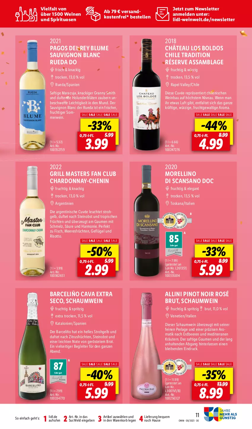 Aktueller Prospekt Lidl - August-Highlights in der Weinwelt - von 01.08 bis 31.08.2023 - strona 11 - produkty: Bau, beere, beeren, blume, Blüte, brot, brut, Cava, chardonnay, cuvée, elle, erdbeere, erdbeeren, fisch, frucht, früchte, früchten, Geflügel, grill, holunder, holunderblüte, korb, kräuter, kräutern, Leuchte, maracuja, meeresfrüchte, Morelli, ndk, nivea, obst, Pago, perla, Pinot, pinot noir, rel, risotto, rwe, saft, sauvignon, sauvignon blanc, spirituosen, Ti, versandkostenfrei, wein, weine