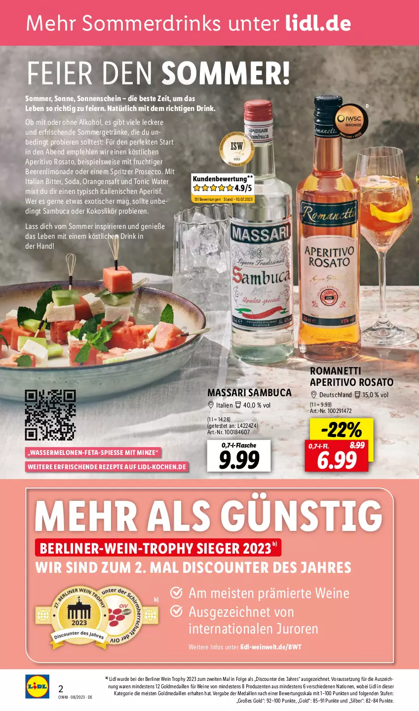 Aktueller Prospekt Lidl - August-Highlights in der Weinwelt - von 01.08 bis 31.08.2023 - strona 2 - produkty: alkohol, aperitif, aperitivo rosato, beere, beeren, berliner, bier, Biere, discount, drink, drinks, ecco, eier, eis, ente, feta, flasche, frucht, getränk, getränke, gutschein, kokos, LG, likör, limo, limonade, melone, melonen, minze, mit frucht, ndk, ohne alkohol, orange, orangen, orangensaft, prosecco, rezept, rezepte, rosato, saft, sambuca, Soda, sommergetränke, Ti, tisch, tonic, tonic water, wasser, wassermelone, wassermelonen, wein, weine