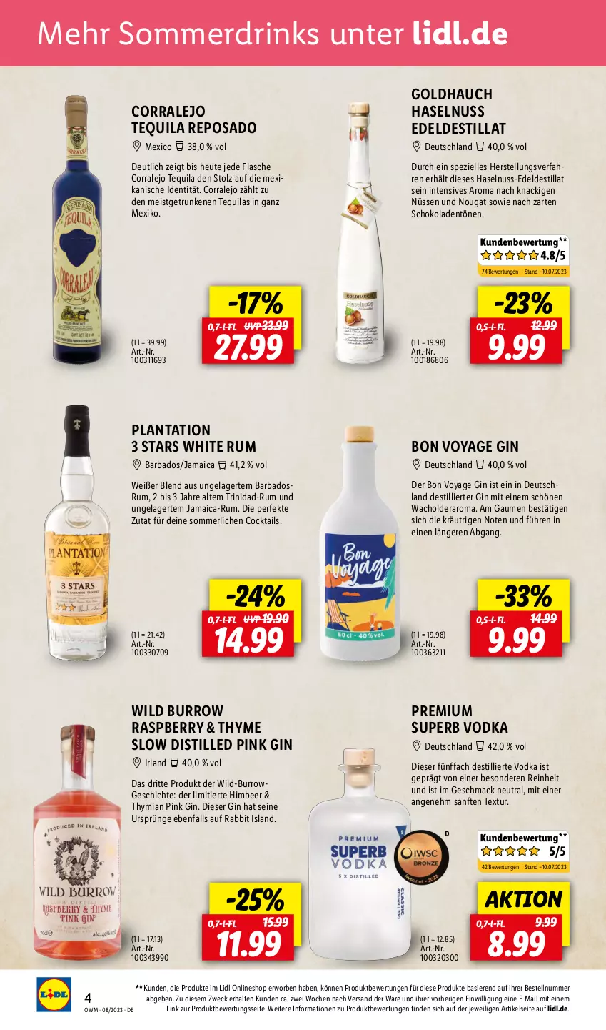 Aktueller Prospekt Lidl - August-Highlights in der Weinwelt - von 01.08 bis 31.08.2023 - strona 4 - produkty: Bad, cocktail, cocktails, drink, drinks, eis, elle, flasche, gin, haselnuss, Heu, himbeer, mac, merl, nuss, raspberry, rum, schoko, schokolade, schokoladen, Spezi, tequila, Ti, vodka, weck, white rum, Wild