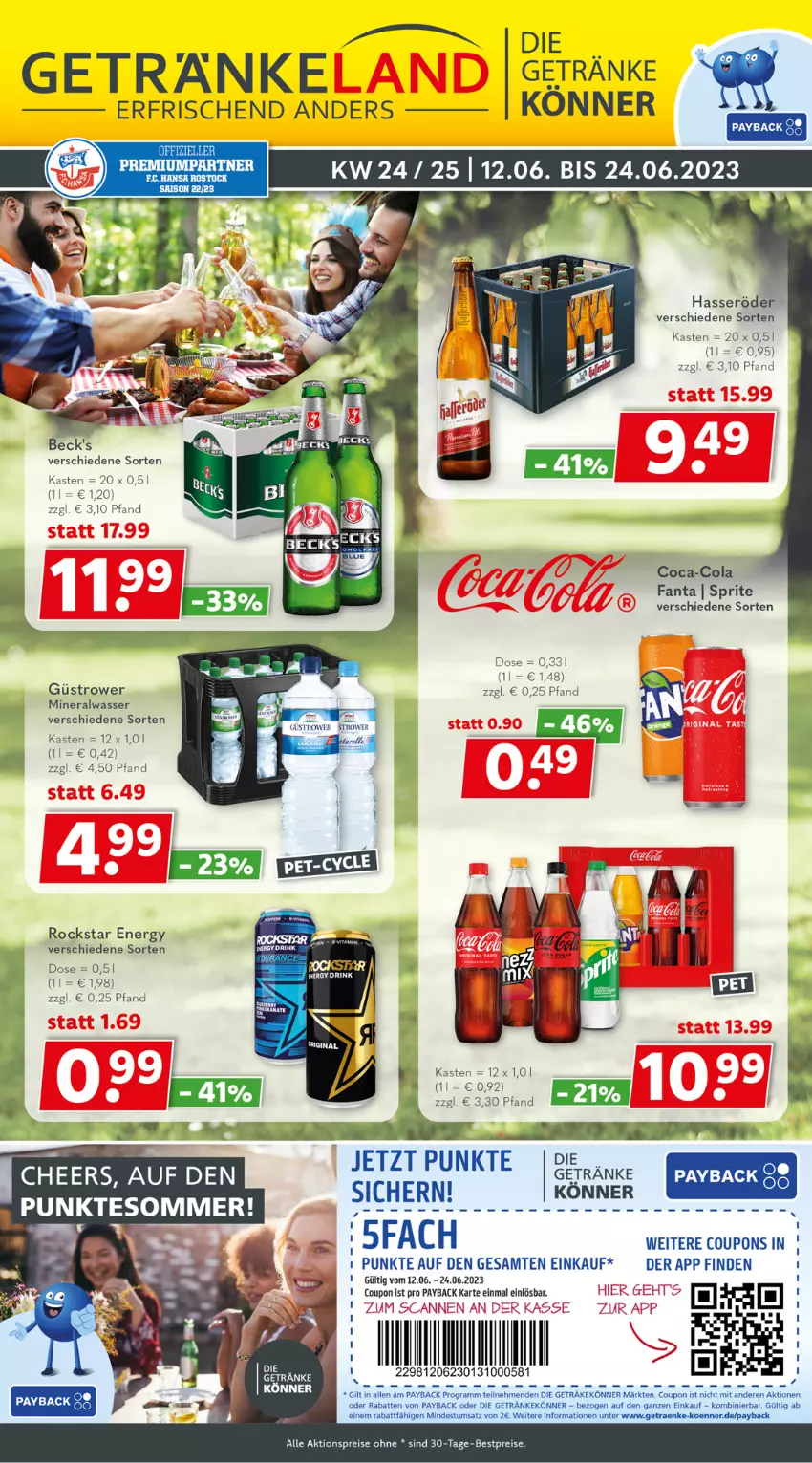 Aktueller Prospekt Getraenkeland - von 12.06 bis 24.06.2023 - strona 1 - produkty: aktionspreis, Alwa, bestpreis, bestpreise, coca-cola, cola, coupon, coupons, eis, elle, fanta, getränk, getränke, hasseröder, mineralwasser, payback, reis, Rockstar, sprite, Ti, wasser