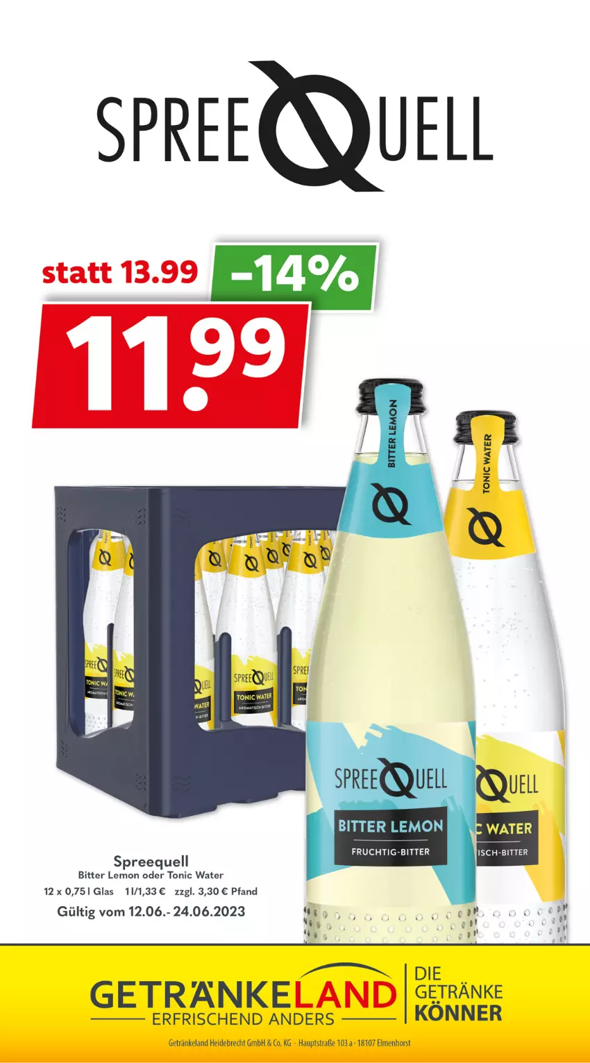 Aktueller Prospekt Getraenkeland - von 12.06 bis 24.06.2023 - strona 11 - produkty: bitter lemon, Elan, getränk, getränke, Spreequell, Ti, tonic, tonic water