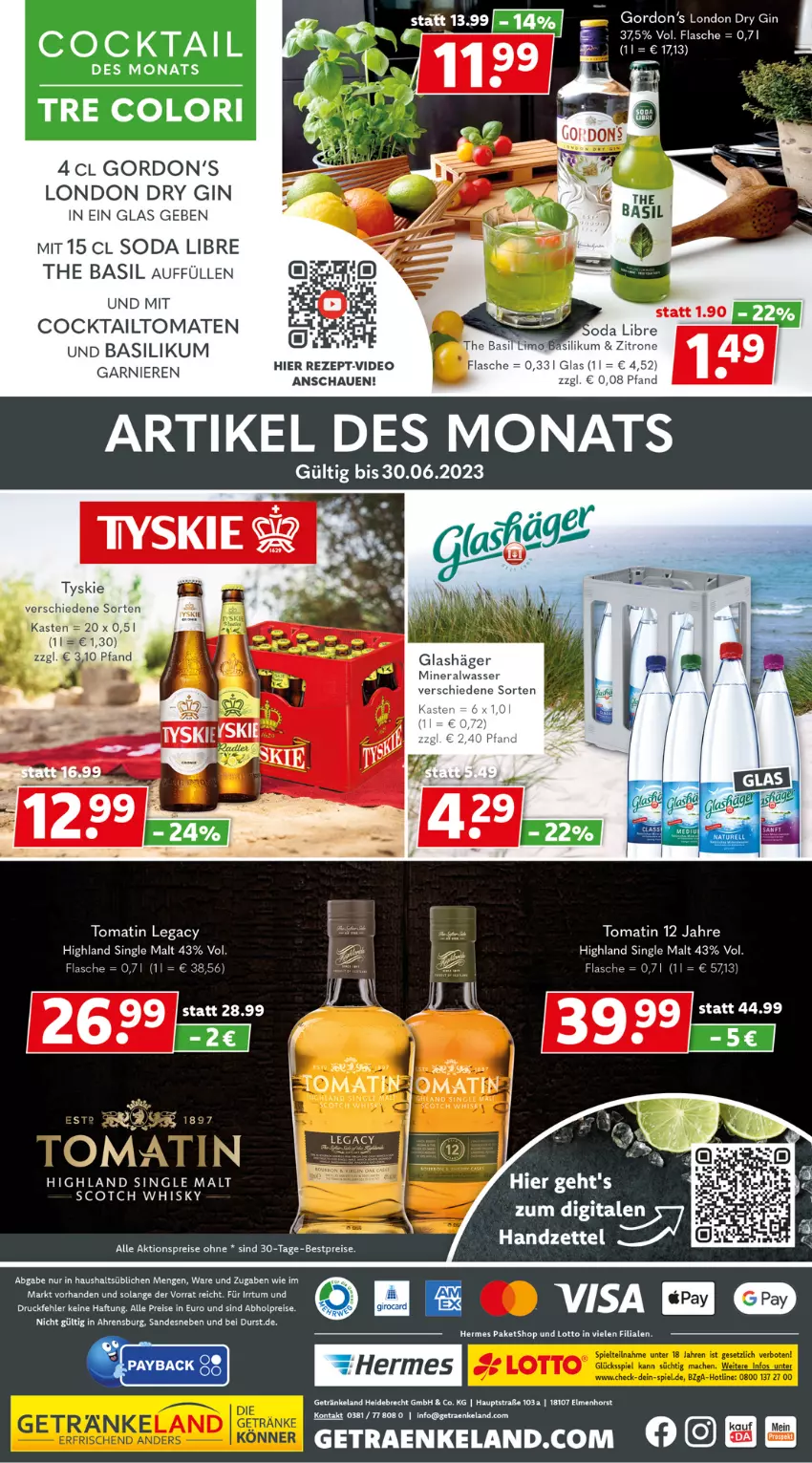 Aktueller Prospekt Getraenkeland - von 12.06 bis 24.06.2023 - strona 8 - produkty: abholpreise, aktionspreis, Alwa, basilikum, bestpreis, bestpreise, cocktail, deo, dry gin, eis, Elan, flasche, getränk, getränke, gin, gordon, Gordon’s, london dry, london dry gin, mineralwasser, reis, rezept, scotch, scotch whisky, single malt, Soda, Ti, tomate, tomaten, tyskie, wasser, whisky, zitrone