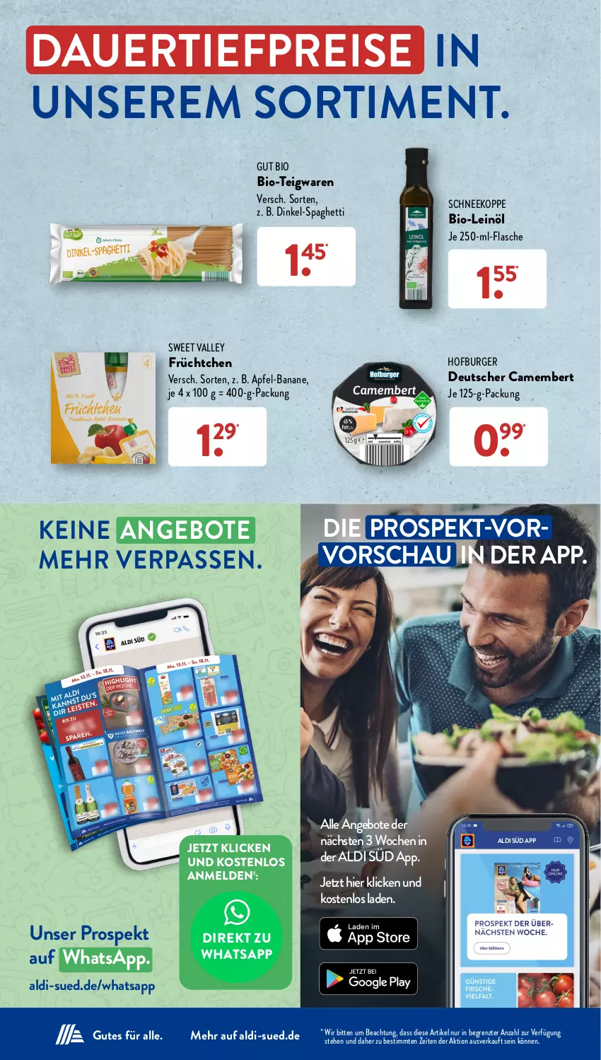 Aktueller Prospekt AldiSud - NÄCHSTE WOCHE - von 20.11 bis 25.11.2023 - strona 3 - produkty: aldi, angebot, angebote, apfel, auer, banane, bio, burger, camembert, dauertiefpreis, eis, flasche, leinöl, reis, spaghetti, teigwaren, Ti, tiefpreis, ZTE