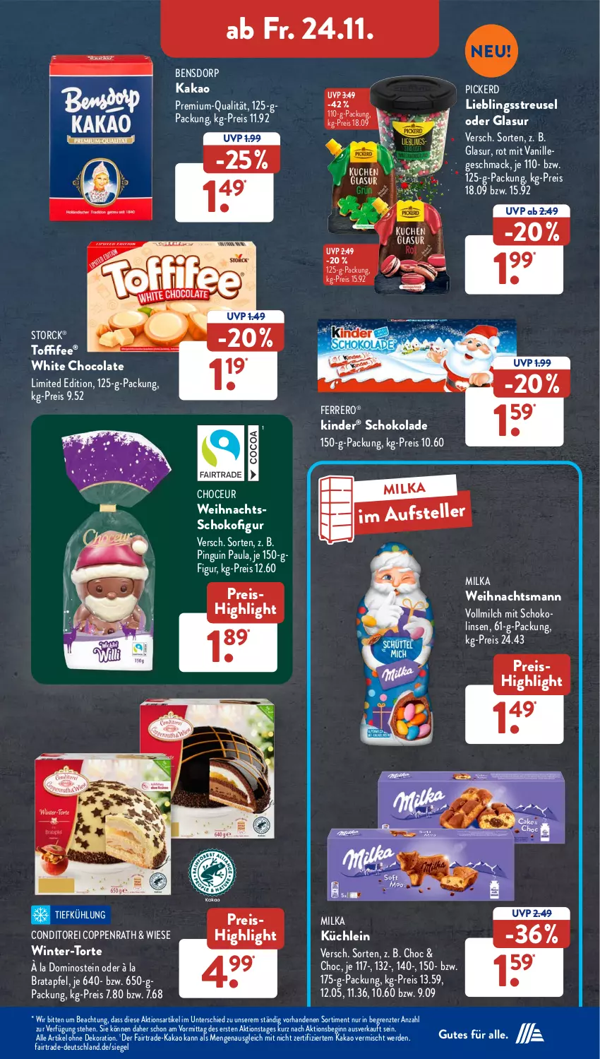 Aktueller Prospekt AldiSud - NÄCHSTE WOCHE - von 20.11 bis 25.11.2023 - strona 34 - produkty: alle artikel ohne dekoration, apfel, cola, coppenrath, dekoration, eis, elle, erde, ferrero, gin, kakao, Kinder, kinder schokolade, linsen, mac, milch, milka, Paula, pingui, reis, schoko, schokolade, Schokolinsen, storck, teller, Ti, toffifee, torte, vanille, vollmilch, white chocolate, ZTE