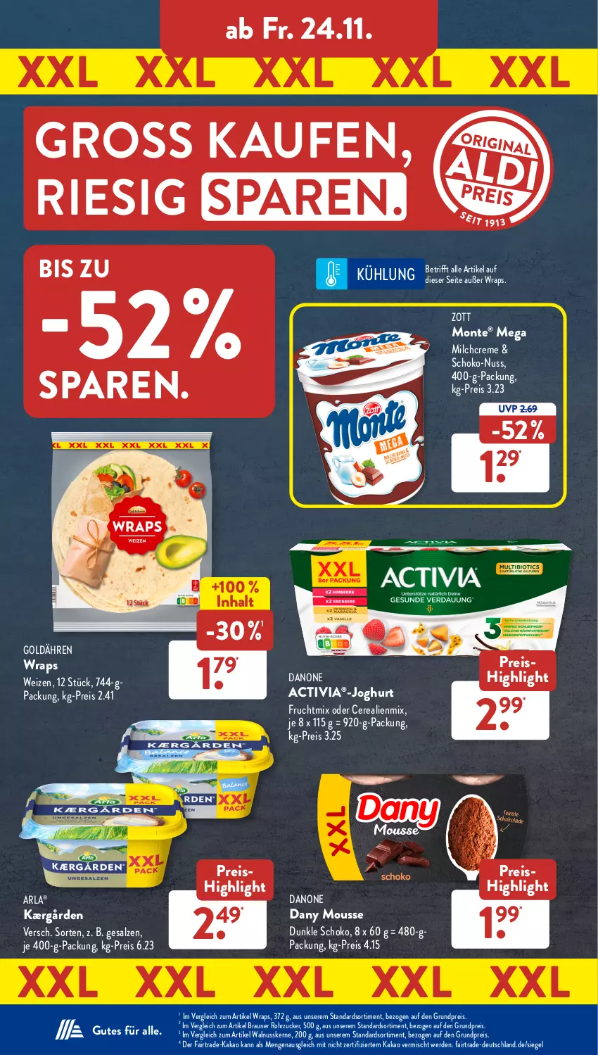 Aktueller Prospekt AldiSud - NÄCHSTE WOCHE - von 20.11 bis 25.11.2023 - strona 37 - produkty: activia, arla, braun, cerealien, creme, danone, danone activia, Dany, eis, erde, frucht, joghur, joghurt, Kærgården, kakao, milch, monte, mousse, nuss, reis, rohrzucker, salz, schoko, Ti, walnuss, walnusskerne, wrap, wraps, zott, Zott Monte, zucker