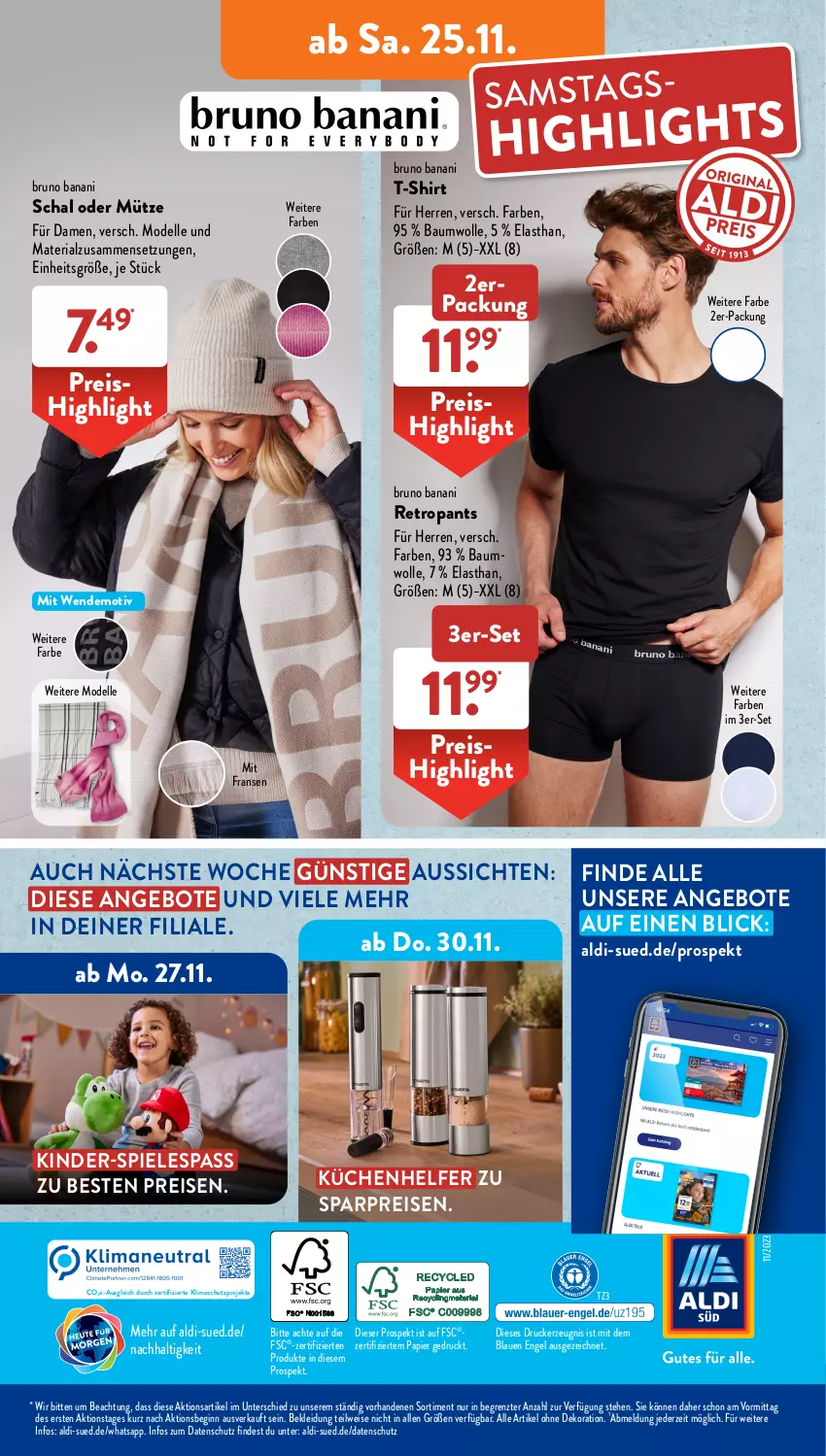 Aktueller Prospekt AldiSud - NÄCHSTE WOCHE - von 20.11 bis 25.11.2023 - strona 46 - produkty: aldi, alle artikel ohne dekoration, angebot, angebote, Bau, baumwolle, bruno banani, dekoration, dell, drucker, eis, elle, Engel, gin, kerze, Kinder, kleid, Kleidung, Mode, Mütze, Pants, papier, reis, Retropants, Ria, Schal, shirt, Spiele, T-Shirt, Ti, wolle, ZTE