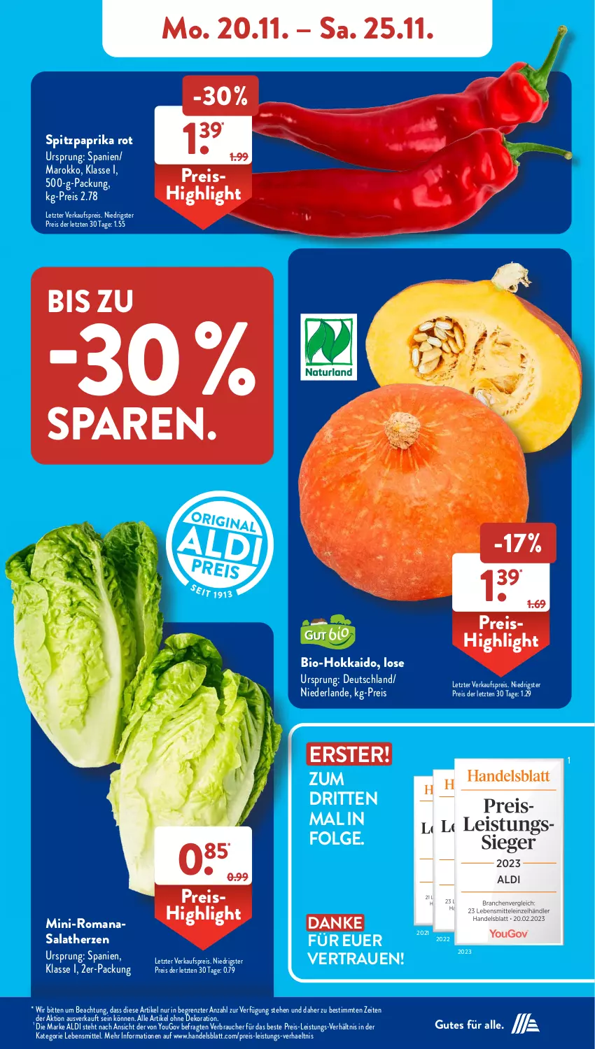 Aktueller Prospekt AldiSud - NÄCHSTE WOCHE - von 20.11 bis 25.11.2023 - strona 5 - produkty: aldi, alle artikel ohne dekoration, bio, dekoration, eis, lebensmittel, LG, paprika, paprika rot, Rauch, reis, Romanasalat, salat, salatherzen, Spitzpaprika, Ti, Yo, ZTE