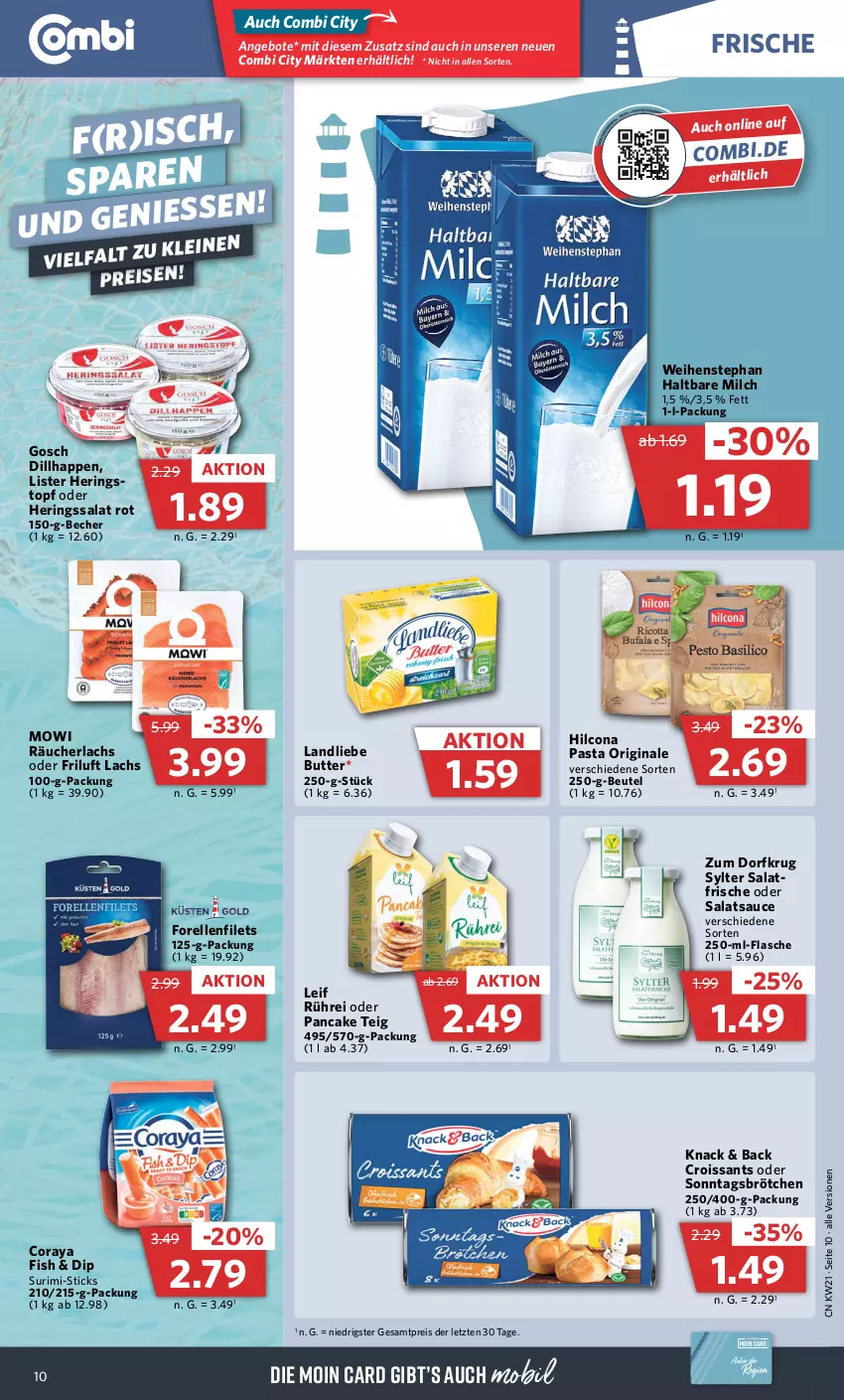 Aktueller Prospekt Combi - Prospekte - von 22.05 bis 27.05.2023 - strona 14 - produkty: angebot, angebote, Becher, beutel, brötchen, butter, Croissant, croissants, dip, eis, elle, filet, filets, flasche, forelle, gin, haltbare milch, hering, Herings, hilcona, lachs, landliebe, milch, pasta, Räucherlachs, reis, rel, ring, salat, salatsauce, sauce, Sonntagsbrötchen, Sylter, Ti, topf, weihenstephan, ZTE, Zum Dorfkrug