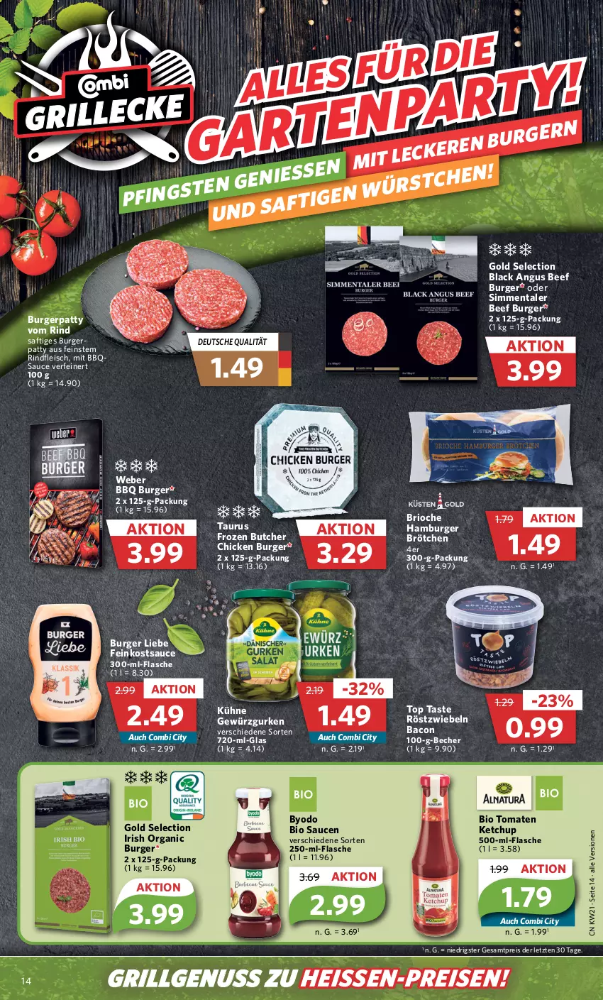 Aktueller Prospekt Combi - Prospekte - von 22.05 bis 27.05.2023 - strona 18 - produkty: bacon, Becher, beef, bio, brötchen, burger, eis, feinkost, flasche, fleisch, gewürz, Gewürzgurke, gewürzgurken, grill, gurke, gurken, hamburger, hamburger brötchen, ketchup, Kühne, lack, LG, nuss, reis, rind, rindfleisch, röstzwiebeln, saft, sauce, saucen, sim, Ti, tomate, tomaten, tomaten ketchup, weber, Yo, ZTE, zwiebel, zwiebeln