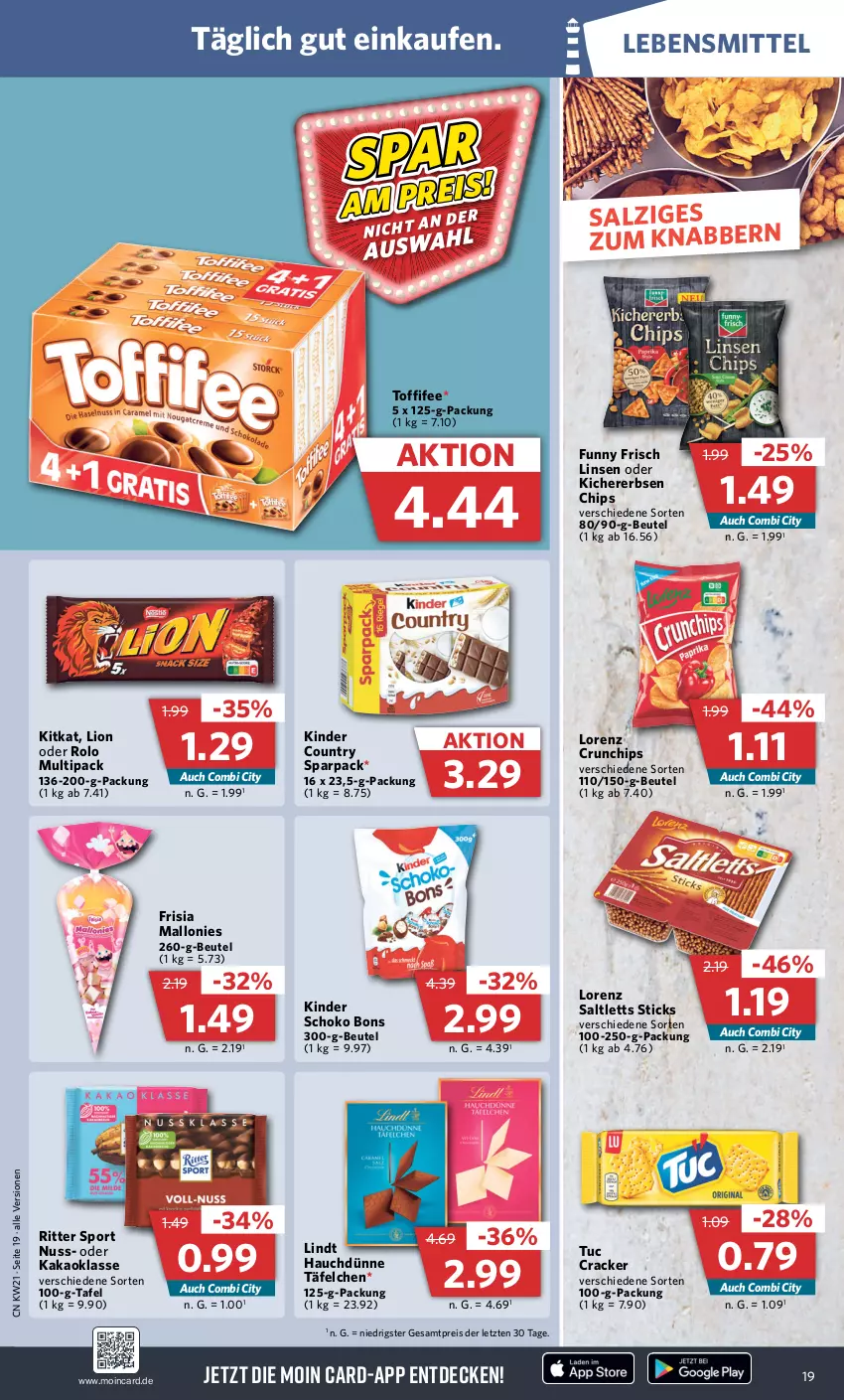 Aktueller Prospekt Combi - Prospekte - von 22.05 bis 27.05.2023 - strona 23 - produkty: beutel, chips, cracker, crunchips, decke, eis, erbsen, Funny Frisch, kakao, kichererbsen, Kichererbsen Chips, Kinder, kinder country, kitkat, lebensmittel, LG, lindt, linsen, lion, lorenz, lorenz crunchips, nuss, reis, ritter, ritter sport, saltletts, salz, schoko, Sport, Ti, toffifee, tuc, ZTE