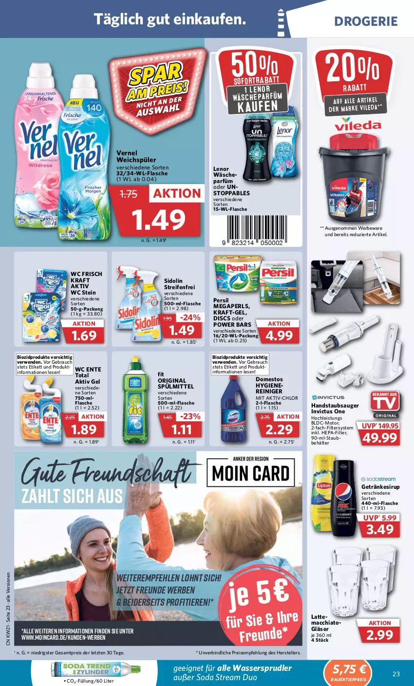 Aktueller Prospekt Combi - Prospekte - von 22.05 bis 27.05.2023 - strona 27 - produkty: ACC, aktiv gel, auer, Behälter, bio, biozidprodukte, chia, dauertiefpreis, domestos, eis, elle, ente, flasche, getränk, getränke, getränkesirup, gin, Gläser, handstaubsauger, kraft, latte, lebensmittel, lenor, mac, macchiato, megaperls, persil, Rauch, reifen, reiniger, reis, rwe, sidolin, sirup, Soda, sofortrabatt, spülmittel, staubsauger, teller, Ti, tiefpreis, Tiere, vernel, vileda, wäscheparfüm, wasser, wassersprudler, wc ente, wc frisch, WC Frisch Kraft Aktiv, weichspüler, ZTE