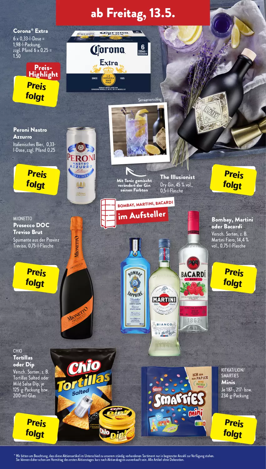 Aktueller Prospekt AldiSud - ALDI Aktuell - von 09.05 bis 14.05.2022 - strona 29 - produkty: alle artikel ohne dekoration, bacardi, bier, brut, corona, dekoration, dip, dry gin, ecco, eis, elle, flasche, gin, kitkat, LG, lion, martini, mionetto, Peroni, prosecco, puma, reis, Salsa, smarties, spumante, teller, Ti, tonic, tortilla, tortillas, ZTE