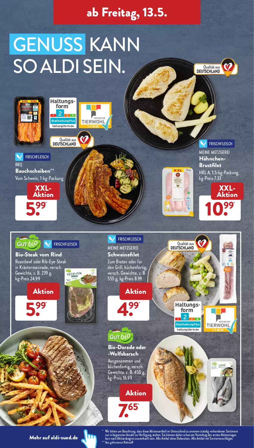 Aktueller Prospekt AldiSud - ALDI Aktuell - von 09.05 bis 14.05.2022 - strona 30 - produkty: aldi, alle artikel ohne dekoration, Bau, bauchscheiben, beef, bio, Bio-Steak, braten, brustfilet, dekoration, Dorade, eis, filet, fleisch, gin, grill, hähnchenbrust, hähnchenbrustfilet, kräuter, küche, Küchen, marinade, nuss, reis, rind, roastbeef, schwein, schweine, schweinefilet, steak, Ti, wein, weine, wolfsbarsch, ZTE