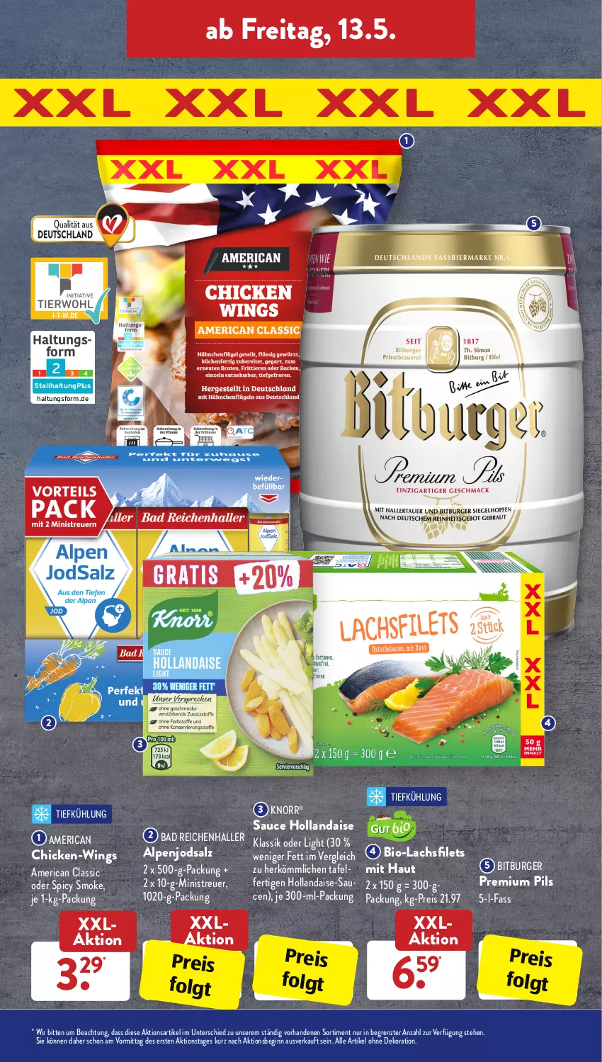 Aktueller Prospekt AldiSud - ALDI Aktuell - von 09.05 bis 14.05.2022 - strona 31 - produkty: alle artikel ohne dekoration, Bad, bio, bitburger, burger, dekoration, eis, filet, filets, gin, hollandaise, knorr, lachs, lachsfilet, lachsfilets, LG, pils, premium pils, reis, salz, sauce, sauce hollandaise, Ti, ZTE