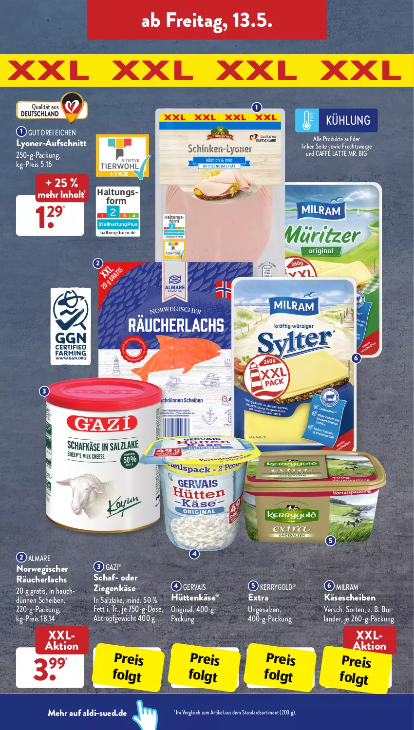 Aktueller Prospekt AldiSud - ALDI Aktuell - von 09.05 bis 14.05.2022 - strona 32 - produkty: aldi, almare, aufschnitt, burlander, caffè latte, eis, frucht, fruchtzwerge, gervais, gin, Käse, käsescheiben, kerrygold, lachs, latte, LG, lyoner, milram, Räucherlachs, reis, rwe, salz, Ti, Yo, ziegenkäse