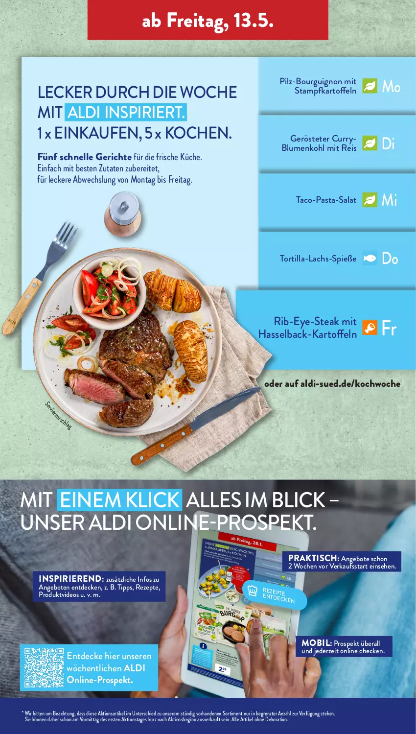 Aktueller Prospekt AldiSud - ALDI Aktuell - von 09.05 bis 14.05.2022 - strona 37 - produkty: aldi, alle artikel ohne dekoration, angebot, angebote, blume, blumen, blumenkohl, curry, decke, dekoration, deo, eis, elle, gin, kartoffel, kartoffeln, küche, lachs, pasta, reis, rezept, rezepte, salat, steak, Ti, tisch, tortilla, ZTE