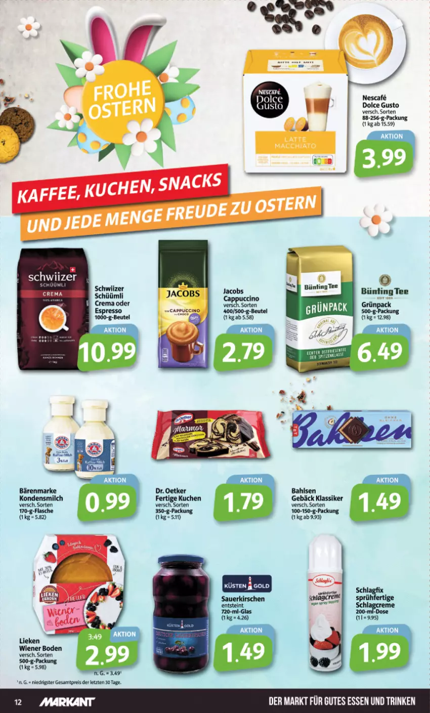 Aktueller Prospekt Markant - Prospekte - von 25.03 bis 30.03.2024 - strona 12 - produkty: auer, bahlsen, bärenmarke, beutel, bünting tee, Cap, cin, creme, dolce gusto, Dr. Oetker, eis, espresso, flasche, gutes essen, jacobs, kirsch, kirsche, kirschen, kondensmilch, kuchen, lieken, milch, reis, sauerkirschen, tee, Ti, wiener, wiener boden, ZTE