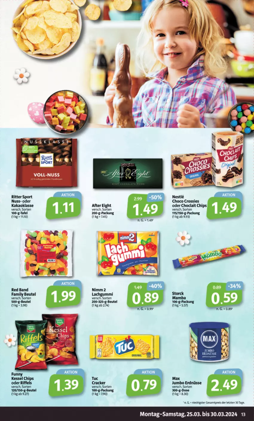 Aktueller Prospekt Markant - Prospekte - von 25.03 bis 30.03.2024 - strona 13 - produkty: after eight, beutel, chips, choclait chips, choco crossies, crossies, eis, lachgummi, nimm2, nuss, reis, ritter, ritter sport, Sport, ZTE