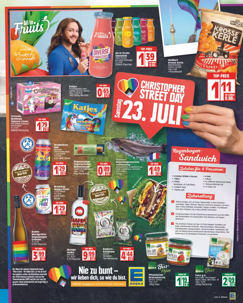 Aktueller Prospekt Edeka - Angebote der Woche - von 18.07 bis 23.07.2022 - strona 11 - produkty: arla, Bad, beutel, bio, Bio-Feta, braten, brie, brot, chia, creme, deka, edeka bio, eis, elle, ente, feta, fisch, flasche, fleisch, forelle, frischfisch, frucht, fruchtfleisch, fruchtgummi, gurke, gurken, ideal zum braten, Kondome, küche, Küchen, Lakritz, LG, mac, mam, mango, mangos, Mantel, möhren, oder lakritz, papier, paprika, regal, reifen, reis, rel, rotkohl, salami, salat, sesam, smoothie, snack, stifte, tee, Ti, top-preis, Vegeta, WICK