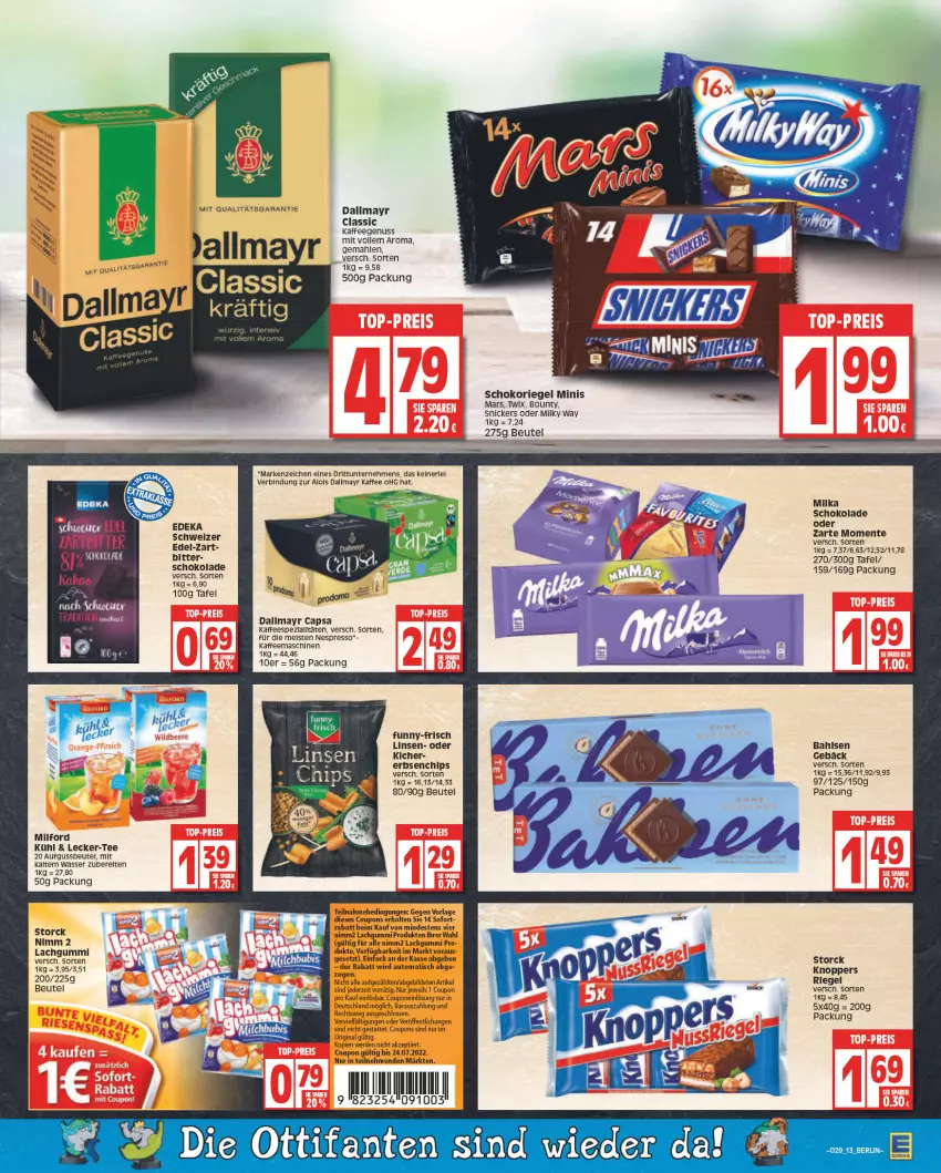 Aktueller Prospekt Edeka - Angebote der Woche - von 18.07 bis 23.07.2022 - strona 13 - produkty: auto, bahlsen, beutel, bounty, Cap, chips, coupon, coupons, dallmayr, dallmayr capsa, deka, ente, erbsen, erde, espresso, funny-frisch, gin, kaffee, kaffeegenuss, kaffeemaschine, knoppers, lachgummi, linsen, mars, milford, milka, milka schokolade, milky way, nespresso, Nimm 2, nimm2, nuss, riegel, schoko, schokolade, schokoriegel, snickers, storck, tee, Ti, tisch, twix, wasser