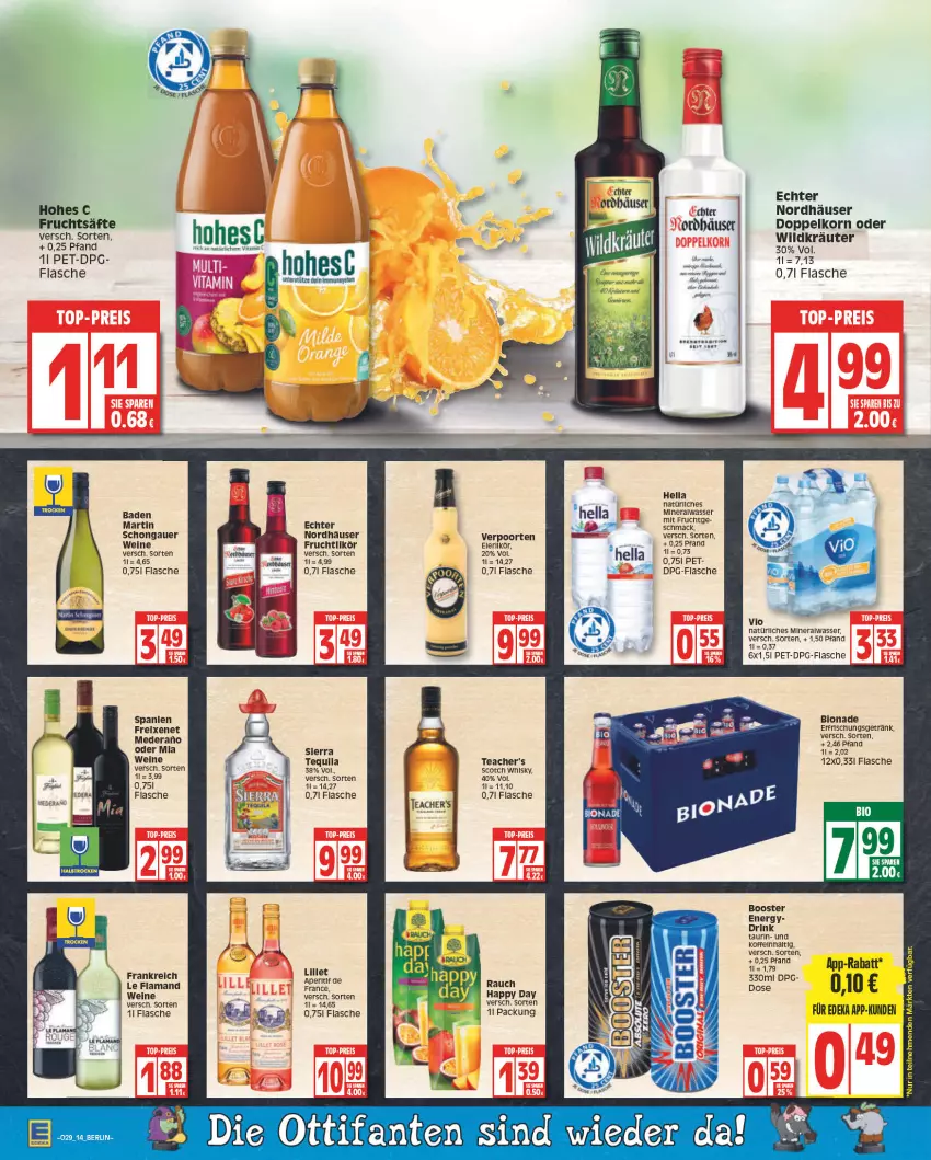 Aktueller Prospekt Edeka - Angebote der Woche - von 18.07 bis 23.07.2022 - strona 14 - produkty: Alwa, aperitif, auer, Bad, bio, bionade, deka, doppelkorn, drink, erfrischungsgetränk, flasche, freixenet, frucht, fruchtsäfte, getränk, gin, Happy Day, hella, Hohes C, korn, kräuter, likör, lillet, mac, mineralwasser, mit frucht, natürliches mineralwasser, Rauch, säfte, scotch, scotch whisky, Sierra, Ti, verpoorten, vita, wasser, wein, weine, whisky, Wild