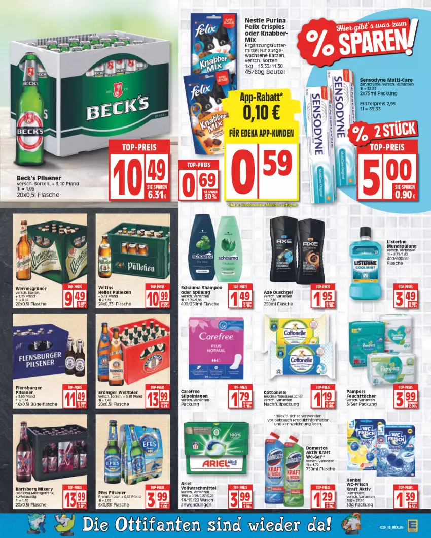 Aktueller Prospekt Edeka - Angebote der Woche - von 18.07 bis 23.07.2022 - strona 15 - produkty: arla, axe, axe duschgel, beck's, beutel, bier, bio, bügel, bügelflasche, burger, carefree, cola, cottonelle, domestos, duschgel, elle, erdinger, felix, feuchttücher, flasche, flensburger, getränk, henkel, karlsberg, karlsberg mixery, kraft, listerine, Mixer, mixery, mundspülung, pampers, pils, pilsener, purina, Rauch, rwe, schauma, schauma shampoo, shampoo, slip, slipeinlagen, spülung, Ti, tücher, veltins, vollwaschmittel, waschmittel, wc-gel