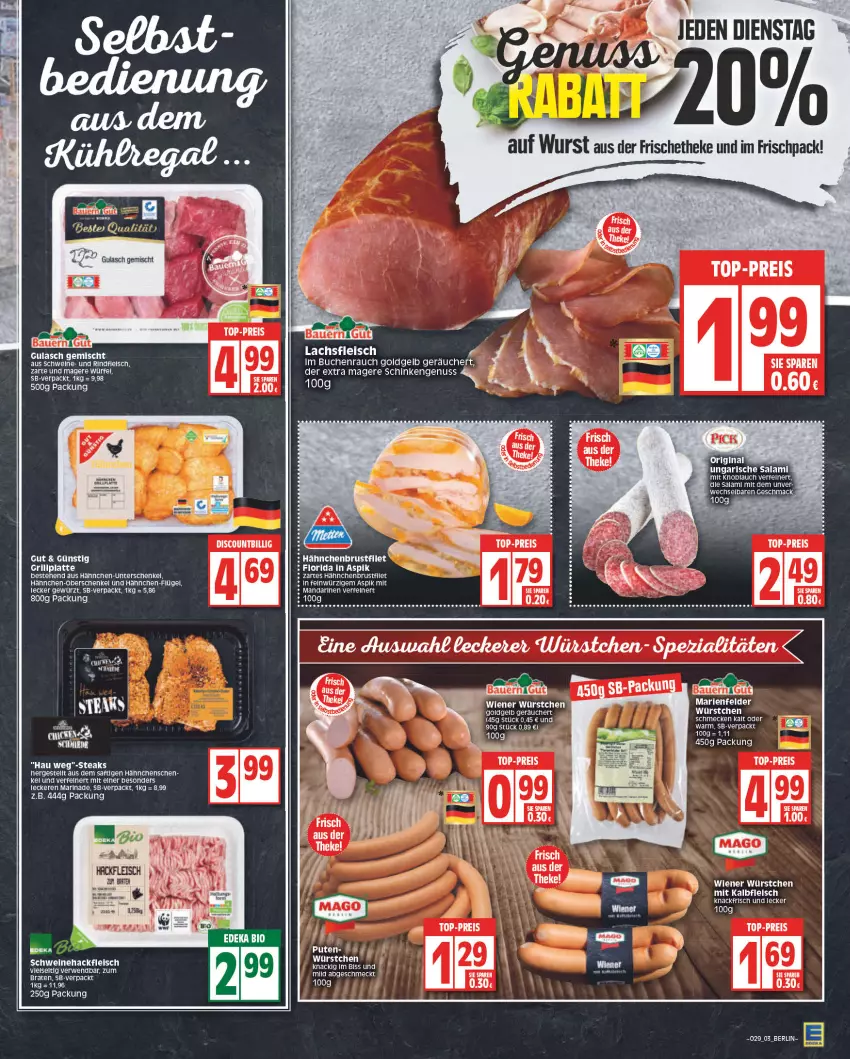 Aktueller Prospekt Edeka - Angebote der Woche - von 18.07 bis 23.07.2022 - strona 3 - produkty: auer, Bau, Bauer, braten, brustfilet, buch, discount, eis, elle, filet, fleisch, gewürz, gulasch, hackfleisch, henkel, HP, knoblauch, lachs, LG, mac, mandarine, mandarinen, marinade, mit knoblauch, nuss, Rauch, reis, rind, rindfleisch, rwe, saft, salami, schenkel, schinken, schwein, schweine, Schweinehackfleisch, tee, Ti, top-preis, Ungarische Salami, wein, weine, wiener, würfel, wurst, würstchen